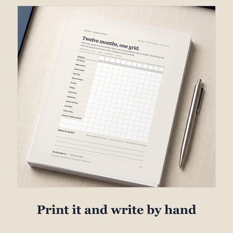 A stack of printed kit pages on a linen desk beside a steel pen, with the blank twelve month symptom timeline on top. Caption: "Print it and write by hand". The desk photo is AI-generated.