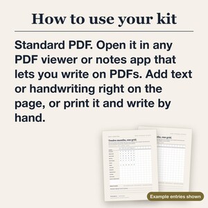 Text card headed "How to use your kit" that reads: Standard PDF. Open it in any PDF viewer or notes app that lets you write on PDFs. Add text or handwriting right on the page, or print it and write by hand. Two kit pages sit in the lower corner.
