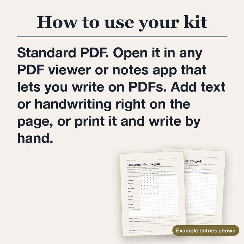 Text card headed "How to use your kit" that reads: Standard PDF. Open it in any PDF viewer or notes app that lets you write on PDFs. Add text or handwriting right on the page, or print it and write by hand. Two kit pages sit in the lower corner.