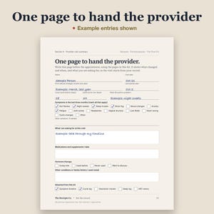 The one page provider visit summary with sample handwritten answers and checked boxes, labeled "Example entries shown". Headline: "One page to hand the provider".