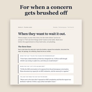 The provider scripts page, showing three short scripts for appointments where a concern is brushed off. Headline: "For when a concern gets brushed off".