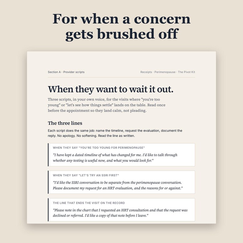 The provider scripts page, showing three short scripts for appointments where a concern is brushed off. Headline: "For when a concern gets brushed off".