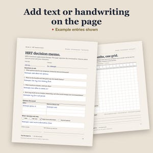 Two kit pages overlapping on a cream background: the HRT decision memo with sample handwritten entries in front, and the symptom timeline behind it. Headline: "Add text or handwriting on the page". Labeled "Example entries shown".