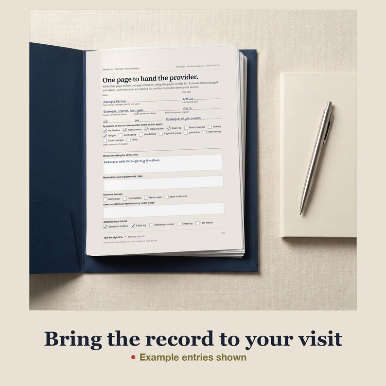 An open navy folder holding the printed provider visit summary with sample handwritten entries, a cream notebook and pen beside it. Caption: "Bring the record to your visit". Labeled "Example entries shown". The folder photo is AI-generated.