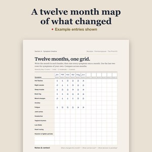The twelve month symptom timeline page with sample ratings and month names handwritten in a script font, labeled "Example entries shown". Headline: "A twelve month map of what changed".