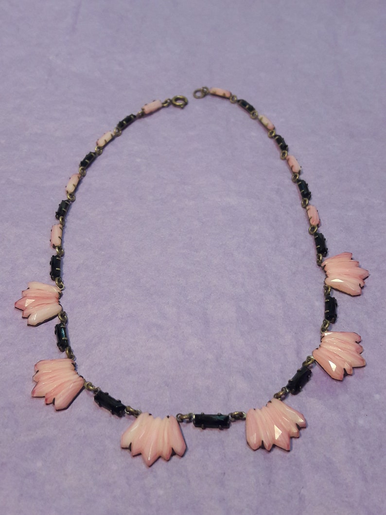 Vintage Antique Czech Art Deco Necklace Prong Set Pink Fan Shaped Molded Carved Glass Black Baguette Stones Signed Czechoslav