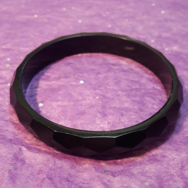 Vintage TRUE Bakelite Plastic Black Bangle Bracelet Diamond Shape Faceted 1930's Jewelry