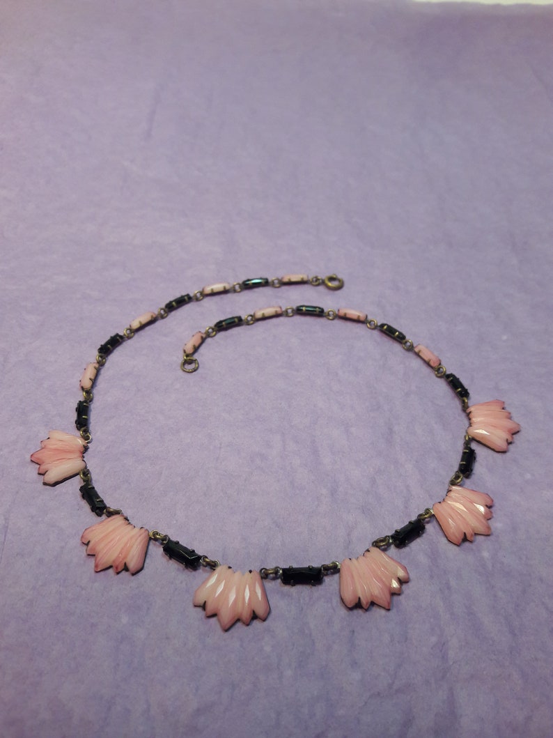 Vintage Antique Czech Art Deco Necklace Prong Set Pink Fan Shaped Molded Carved Glass Black Baguette Stones Signed Czechoslav