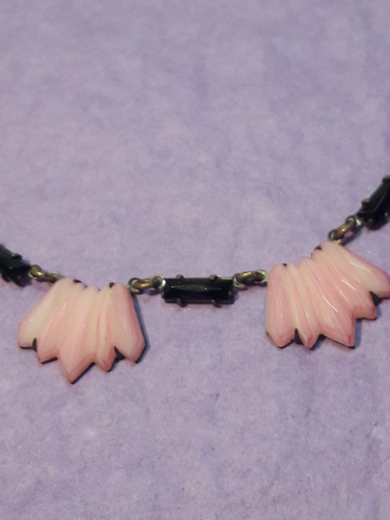 Vintage Antique Czech Art Deco Necklace Prong Set Pink Fan Shaped Molded Carved Glass Black Baguette Stones Signed Czechoslav