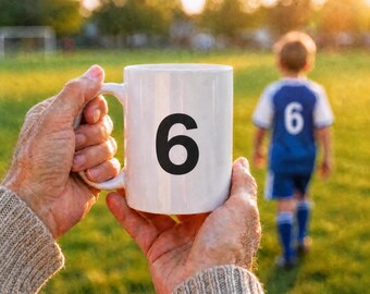 Number 6 Ceramic Coffee Mug, Sports Jersey Style, Minimalist Athlete Keepsake