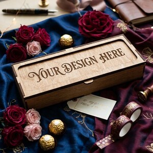 May include: A rectangular wooden box with a sliding lid featuring the laser-engraved text "YOUR DESIGN HERE" in a decorative font. The box is positioned on a dark blue and burgundy fabric surface surrounded by red and pink roses and gold candies.