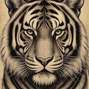 Könnte beinhalten: Eine detaillierte schwarze Tuschezeichnung eines Tigergesichts auf einem strukturierten, hellbraunen Hintergrund im Pergamentstil. Das Kunstwerk zeigt feine Linien, die den intensiven Blick, die Schnurrhaare und die schwarzen Streifen einfangen.