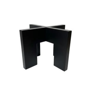 May include: A black plant stand featuring a cross-shaped top design with four sturdy, vertical legs. The structure is constructed from solid, matte-finished material, providing a stable base for elevated placement of items in a home or office space.