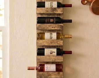 Handcrafted Wooden Wine Rack | Wall Mounted 6 Bottle Holder, Rustic Kitchen Bar Decor