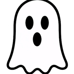 May include: A simple graphic illustration of a ghost featuring a white body with a thick black outline. The ghost has two solid black oval eyes and a larger solid black oval mouth positioned in the centre, creating a classic spectral shape.