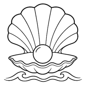 May include: A black and white line art illustration of an open scallop shell containing a single round pearl, positioned above two stylized wave lines. The design features clean, bold outlines against a plain white background.