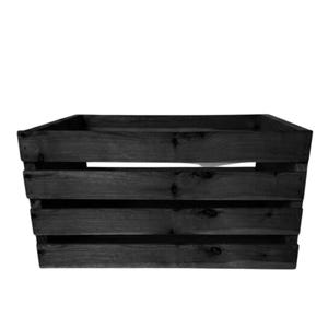 Könnte beinhalten: Eine rechteckige Holzkiste mit dunkel anthrazitfarbenem Finish. Die Kiste besteht aus vier horizontalen Holzlatten an jeder Seite, die eine sichtbare Holzmaserung aufweisen und einen hohlen Innenraum zur Aufbewahrung oder Präsentation bieten.
