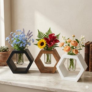 May include: Three hexagonal wooden vases in black, natural brown, and white finishes. Each vase features a clear glass cylinder insert holding floral arrangements: blue flowers and lavender, a sunflower with calla lilies, and peach ranunculus.