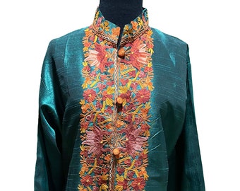 Medium Forest Green  Fall jacket, Kashmiri Embroidery Long silk coat, Bohemian jackets,Mens Fashion ethnic coat, Women Duster Coat