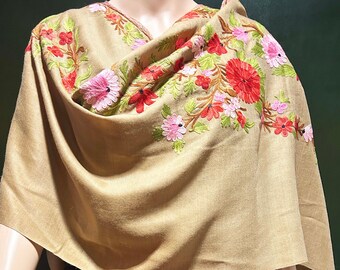 Floral Embroidery Wool Poncho: Kashmiri Shawl Cape