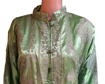 XL Knee Length Silk Coat, Holiday Season Jacket, Christmas cocktail dress overcoat, Kashmiri Embroidery Bohemian Top,Formal office Jacket