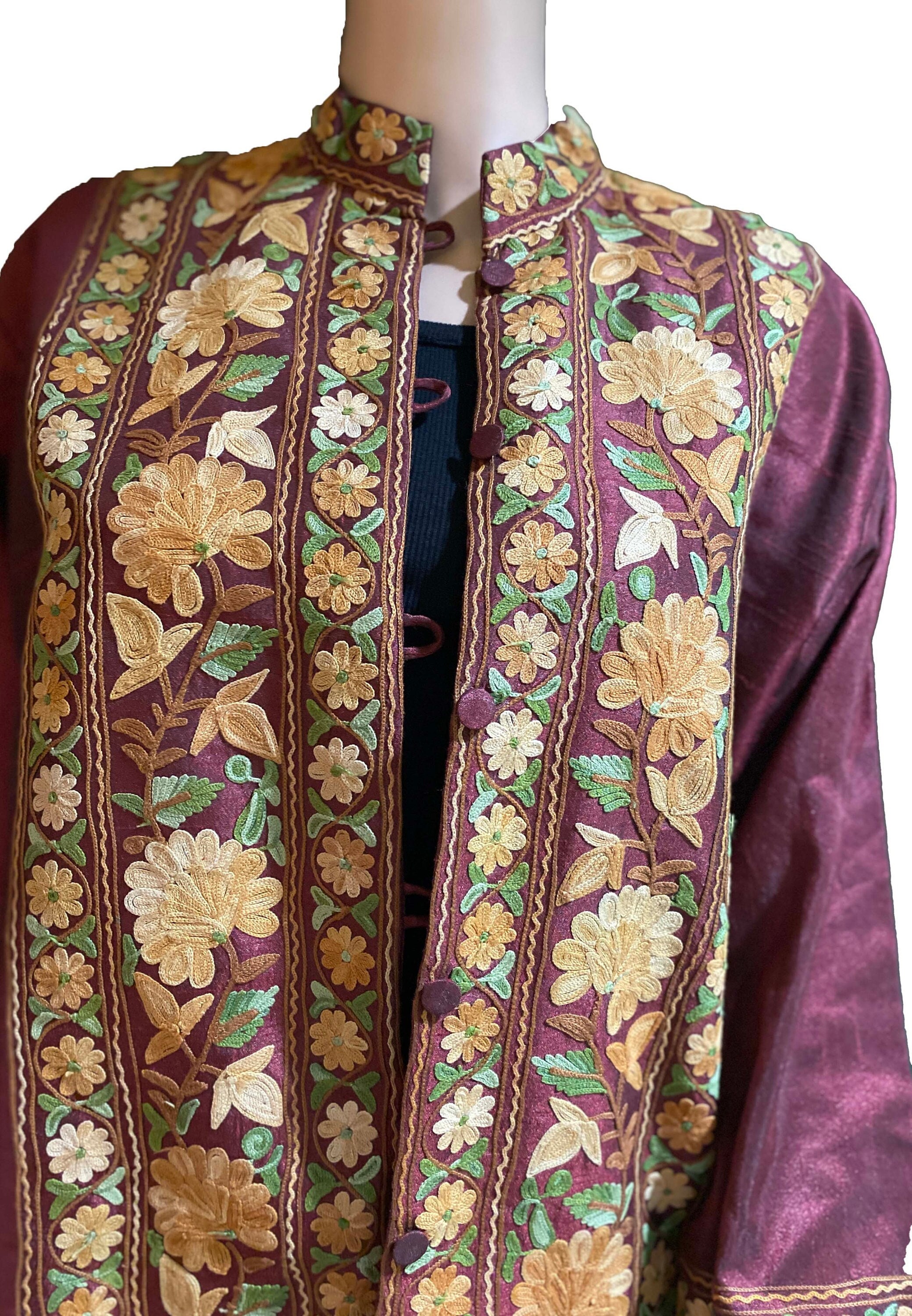 Large Fall jacket, Kashmiri Embroidery, Long silk coat, trench Coat, Evening topcoat,Bohemian jackets, Women, Mens Fashion coat, Indian coat