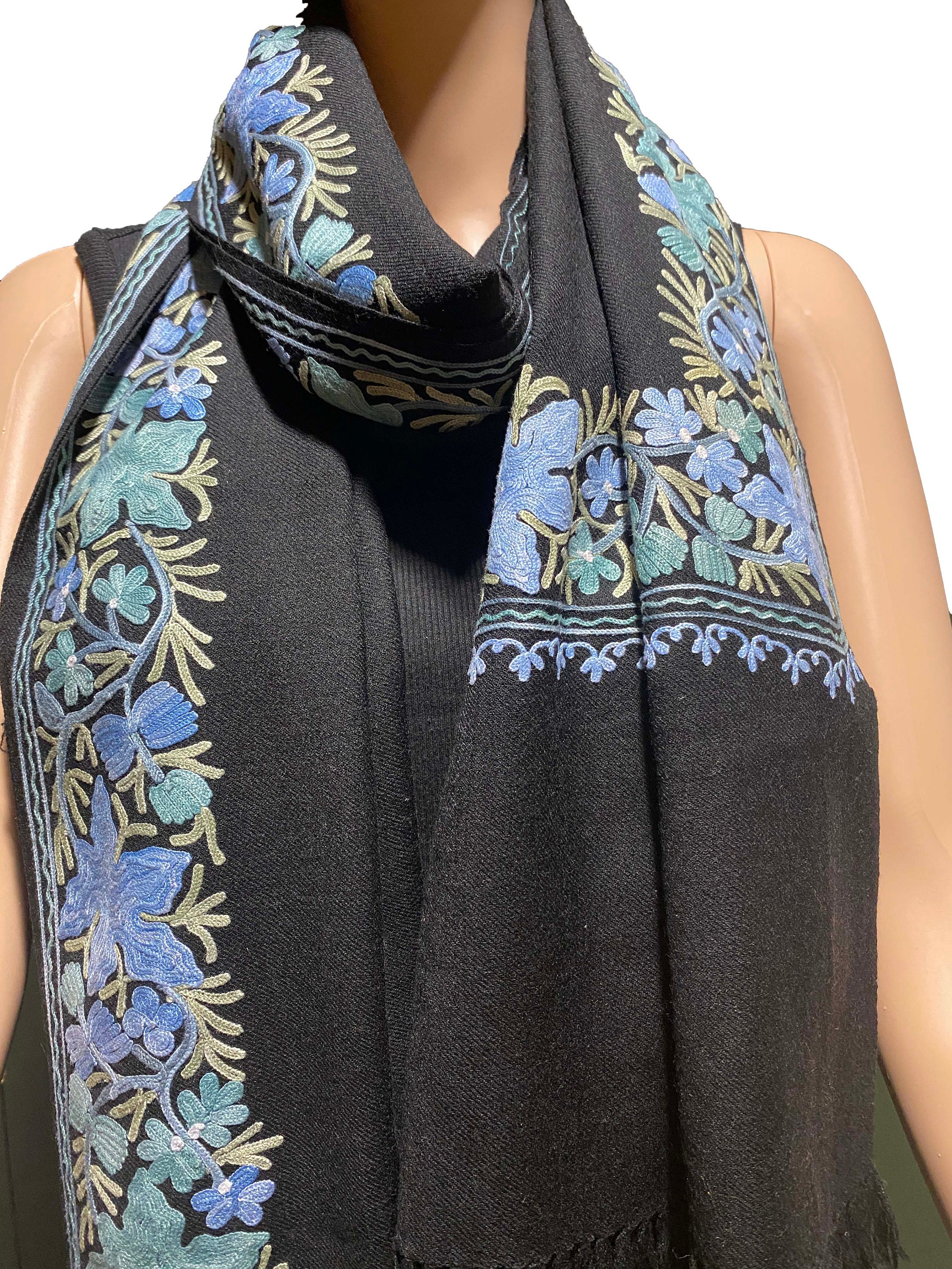 Black Cozy Warm Fall Scarf, Floral Embroidery Cashmere Wool