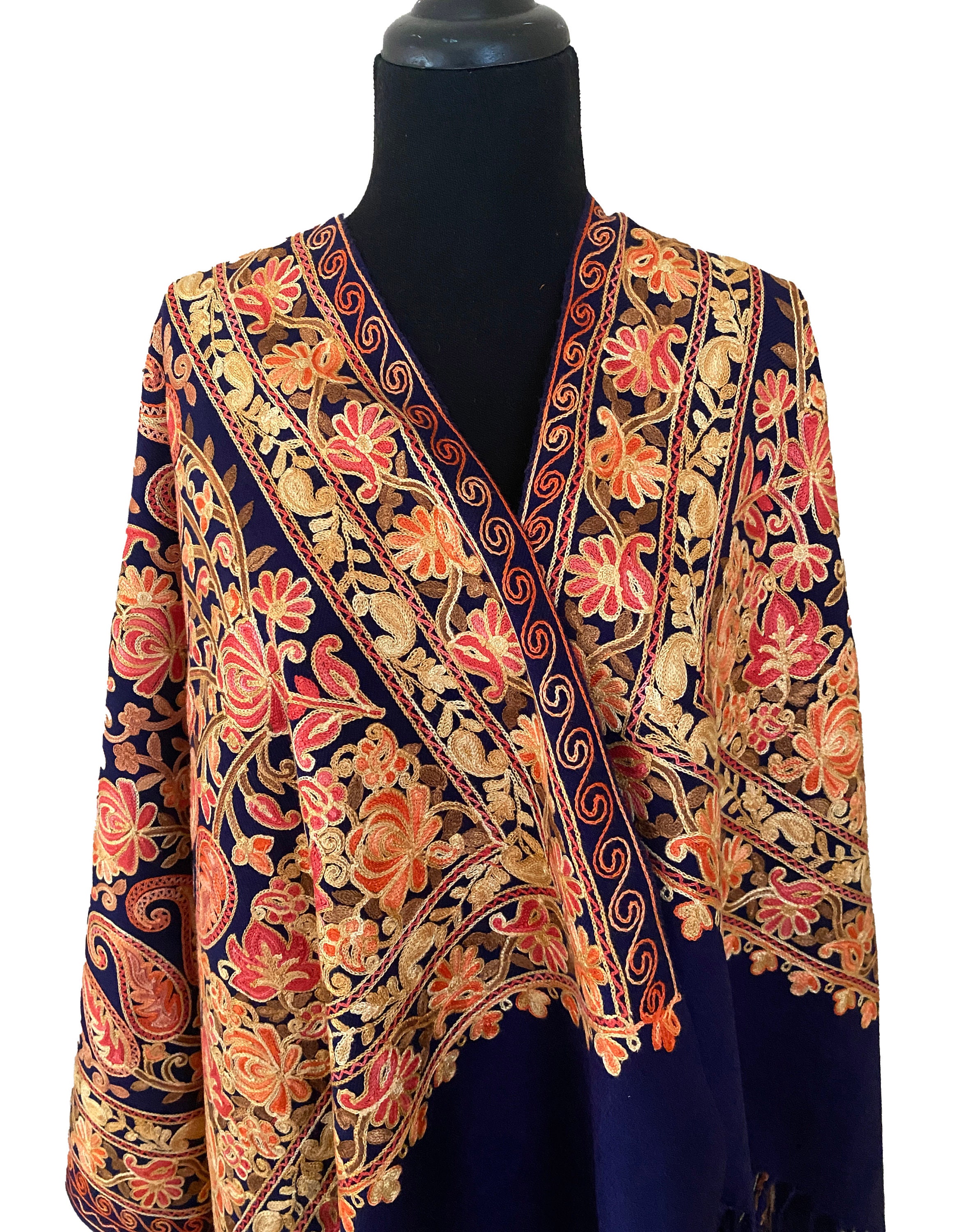 Blue Kashmiri Shawl Embroidery Scarf Church Wrap Wedding Shawl