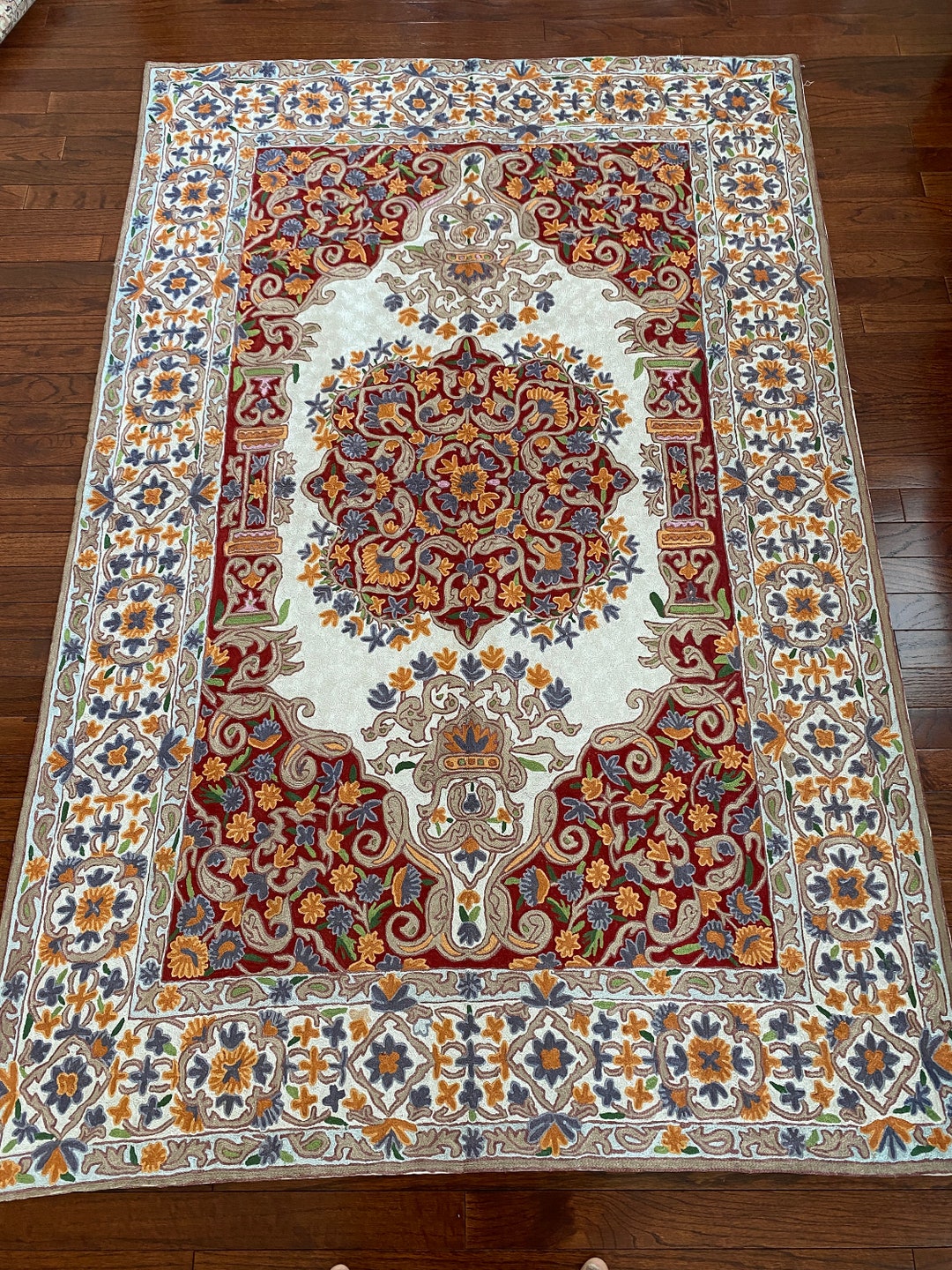 Kashmiri Crewel Embroidery Rug 6x4 | Red Rust Kashan Aari Chain Stitch ...