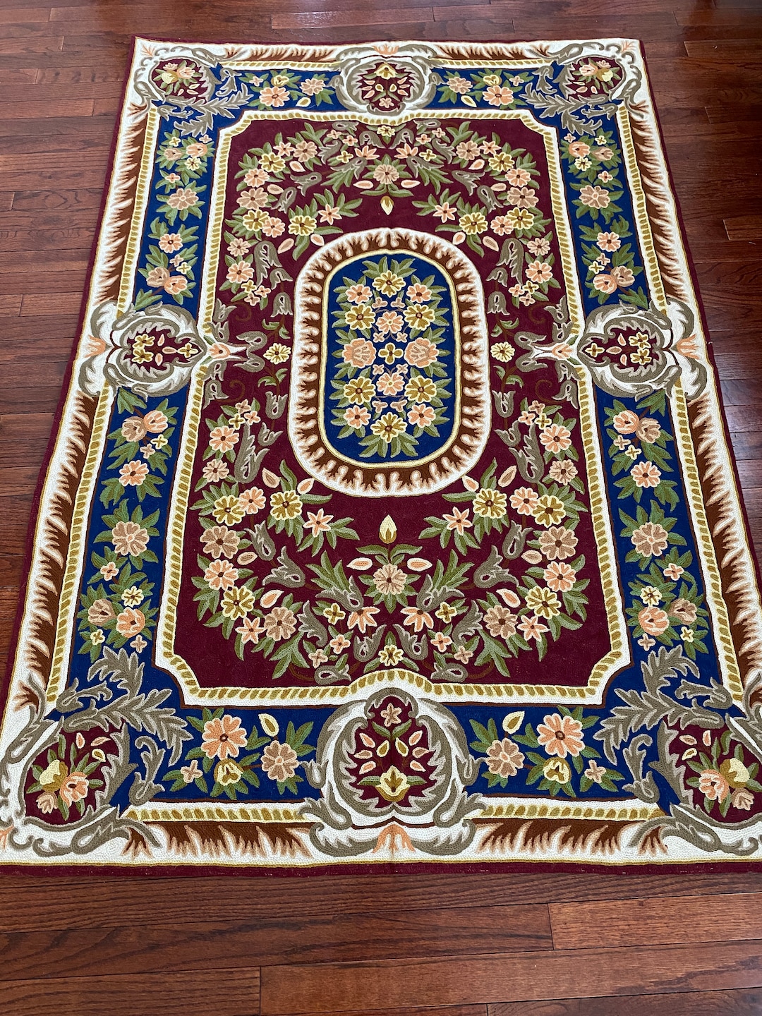 Floral Rug Kashmiri Crewel Hand Embroidery Chain Stitch Burlap Tapestry ...