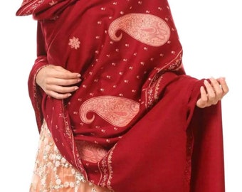 Extra Large Pashmina, Maroon Red Embroidery Shawl for the Holidays,Winter Wedding Scarf,Indian Scarf for Party,Kashmiri embroidery Shawl