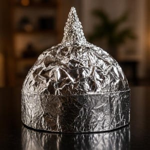 May include: A dome-shaped hat constructed from crinkled silver aluminum foil. The headwear features a smooth, flat circular band at the base and a pointed, textured conical peak at the top, reflecting light across its metallic, creased surface.