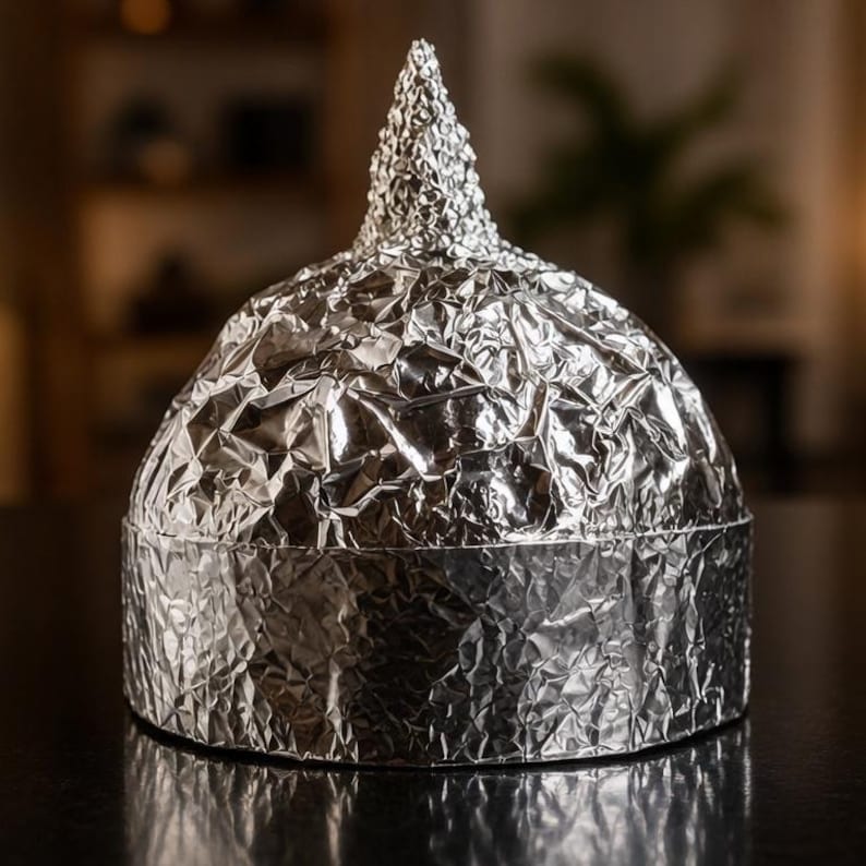 May include: A dome-shaped hat constructed from crinkled silver aluminum foil. The headwear features a smooth, flat circular band at the base and a pointed, textured conical peak at the top, reflecting light across its metallic, creased surface.