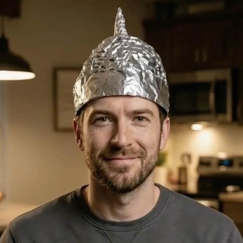 May include: A conical hat constructed from crinkled, reflective silver aluminum foil. The hat features a pointed top and a rounded base that fits over the head, with a metallic, textured surface that catches the light, creating a distinct, shiny appearance.