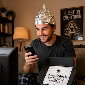 May include: A person wearing a pointed silver foil hat while holding a black smartphone. In front of them is an open black box with a white label featuring a graphic of a UFO over mountains and the text: NOT PARANOID. &mdash; PREPARED. &mdash;