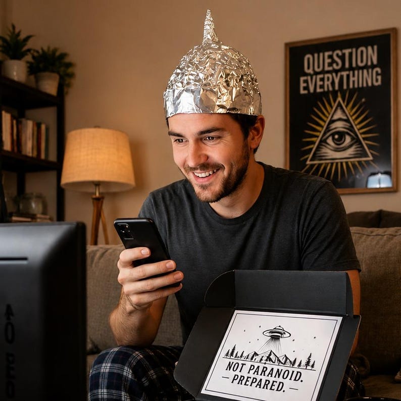 May include: A person wearing a pointed silver foil hat while holding a black smartphone. In front of them is an open black box with a white label featuring a graphic of a UFO over mountains and the text: NOT PARANOID. &mdash; PREPARED. &mdash;