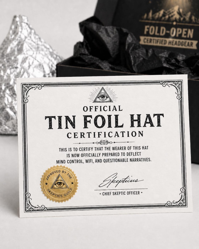 Official Tin Foil Hat certificate insert with decorative border and novelty certification design.