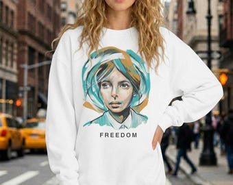 Sudadera Freedom, sudadera de cuello redondo con estampado abstracto, jersey estilo graffiti urbano, camiseta gráfica artística, ropa para el empoderamiento femenino.