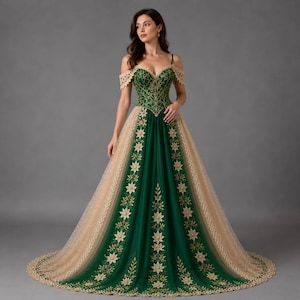 navy blue dress for baby girl Emerald Green Wedding Gown With Gold Lace main image 0