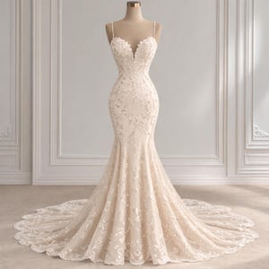 Vestido de novia de sirena de encaje color champán, vestido con escote en V profundo y tirantes finos, elegante look nupcial ajustado, atuendo para la recepción y el compromiso.