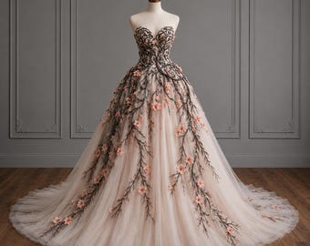 Abito da sposa fantasy floreale scuro, abito da ballo botanico incantato, abito da sposa couture da fata, abito da principessa etereo in tulle