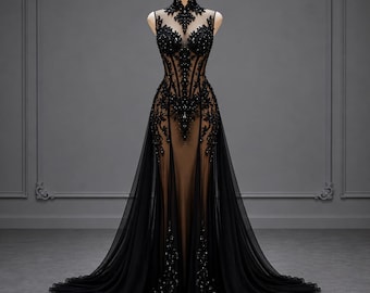 Robe de mariée sur mesure, Robe de mariée gothique noire, Robe corset transparente en dentelle, Robe de mariée alternative en tulle brodé