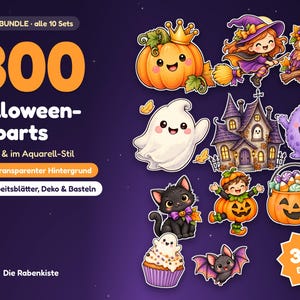 Könnte beinhalten: Eine digitale Sammlung von 300 Halloween-Cliparts mit Illustrationen eines Kürbisses mit Krone, einer Hexe, einer Eule, eines Geistes, eines Spukhauses, eines lila Monsters, einer schwarzen Katze, eines Kindes im Kürbiskostüm, eines Cupcakes und einer Fledermaus.