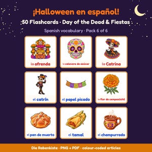 Könnte beinhalten: Ein Set aus 50 Lernkarten mit dem Titel Halloween en español zum Thema Tag der Toten. Jede Karte zeigt eine farbenfrohe Illustration und eine spanische Beschriftung, darunter Bilder einer Ofrenda, eines Zuckerschädels und einer Catrina.