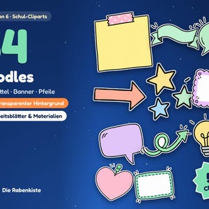 Puede incluir: Una colección digital de 54 cliparts de garabatos con varias formas, incluyendo una nota adhesiva amarilla, burbujas de diálogo, estrellas, flechas, una bombilla, un corazón y marcos. El texto dice Set 3 von 6 Schul-Cliparts, 54 Doodles, Notizzettel, Banner, Pfeile, PNG, transparenter Hintergrund, für Arbeitsblätter & Materialien, Die Rabenkiste y 54 Cliparts.