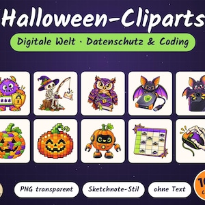 Puede incluir: Una colección digital de imágenes prediseñadas de Halloween con diez iconos cuadrados. Las imágenes incluyen un monstruo morado con un escudo de contraseña, un esqueleto pescando, un búho con un libro cerrado, murciélagos con tecnología y una mano esquelética.