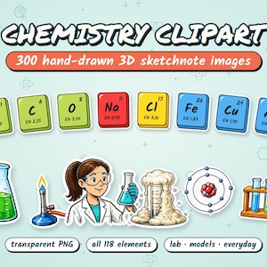 300 Chemistry Clipart in Sketchnote Style, All 118 Element Tiles, Lab Equipment PNG, Atom Models, Hazard Symbols, Science Teacher Clipart