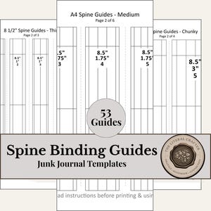 May include: A digital template for spine binding guides, featuring various sizes in inches. Includes the text "Spine Binding Guides" and "Junk Journal Templates". The image also shows "53 Guides".