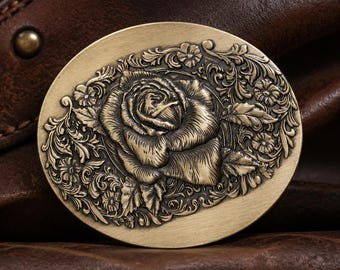 Solid Brass Rose Belt Buckle – Retro Floral Engraved Western Style Accessory