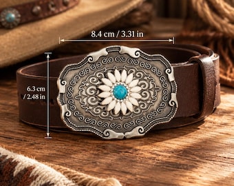 Western Floral Belt Buckle, Turquoise Daisy Engraved Cowboy Cowgirl Accessories